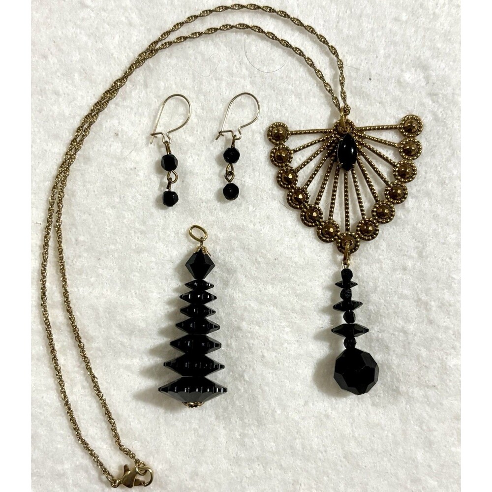 Vintage Estate Black Glass Necklace Pendant Earrings Lot Art Deco Revival Fan
